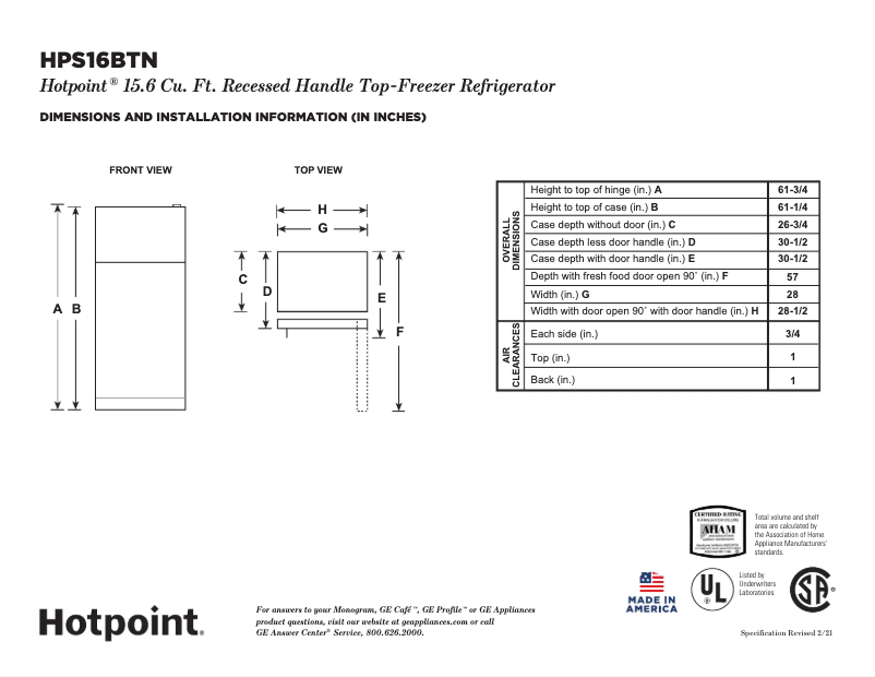 Page 1 de la notice Fiche technique Hotpoint HPS16BTNLWW