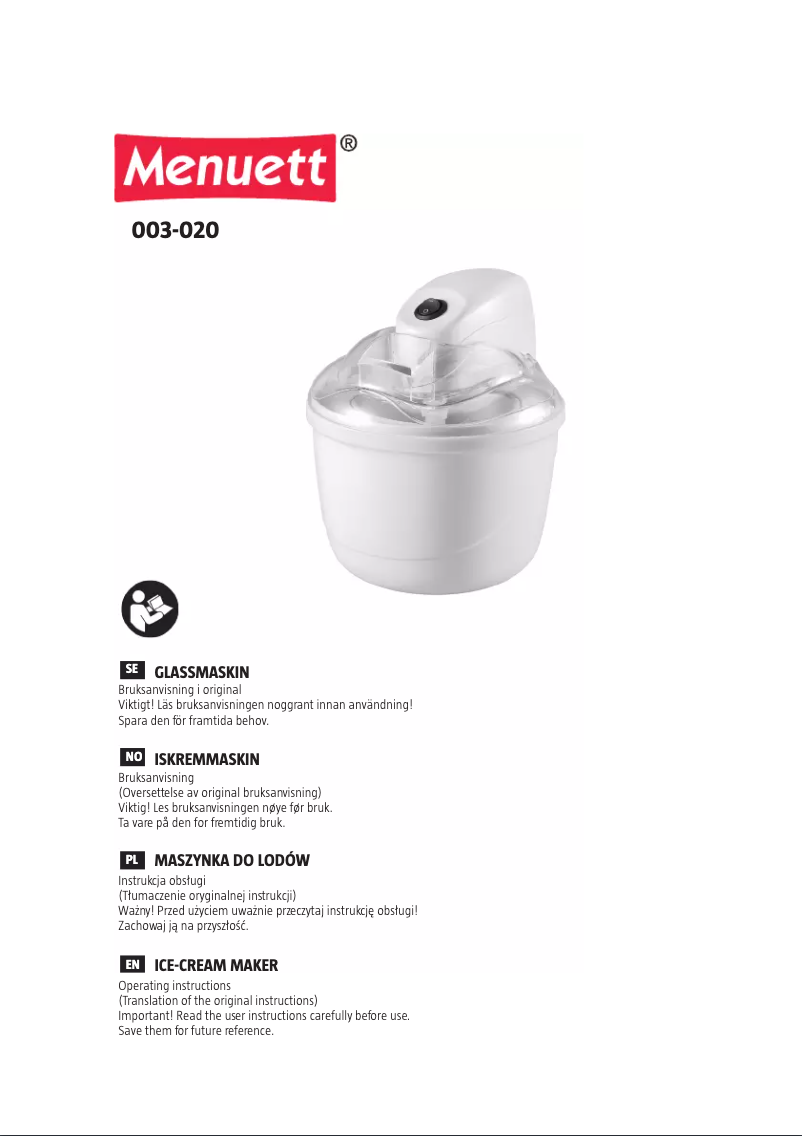 Page 1 de la notice Manuel utilisateur Menuett 003-020