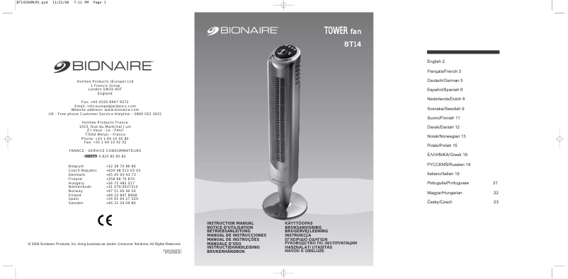 Page 1 de la notice Manuel utilisateur Bionaire BT 14