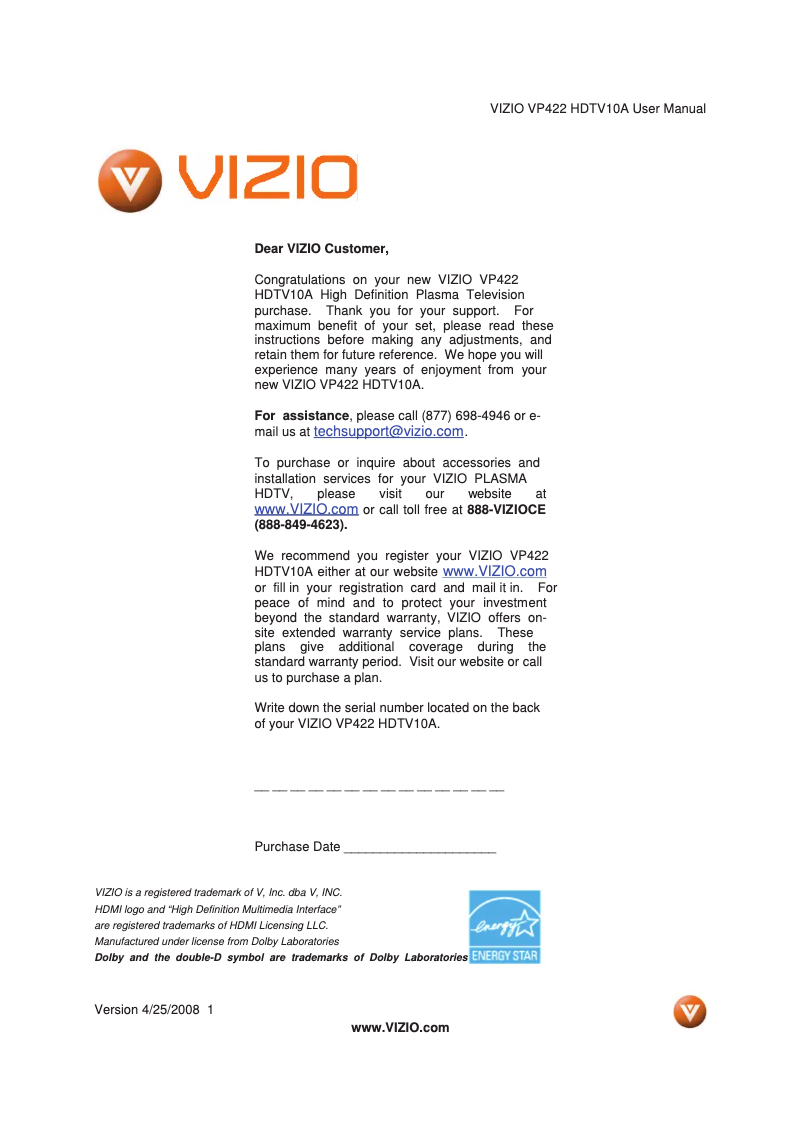 Page 1 de la notice Manuel utilisateur VIZIO VP422HDTV10A