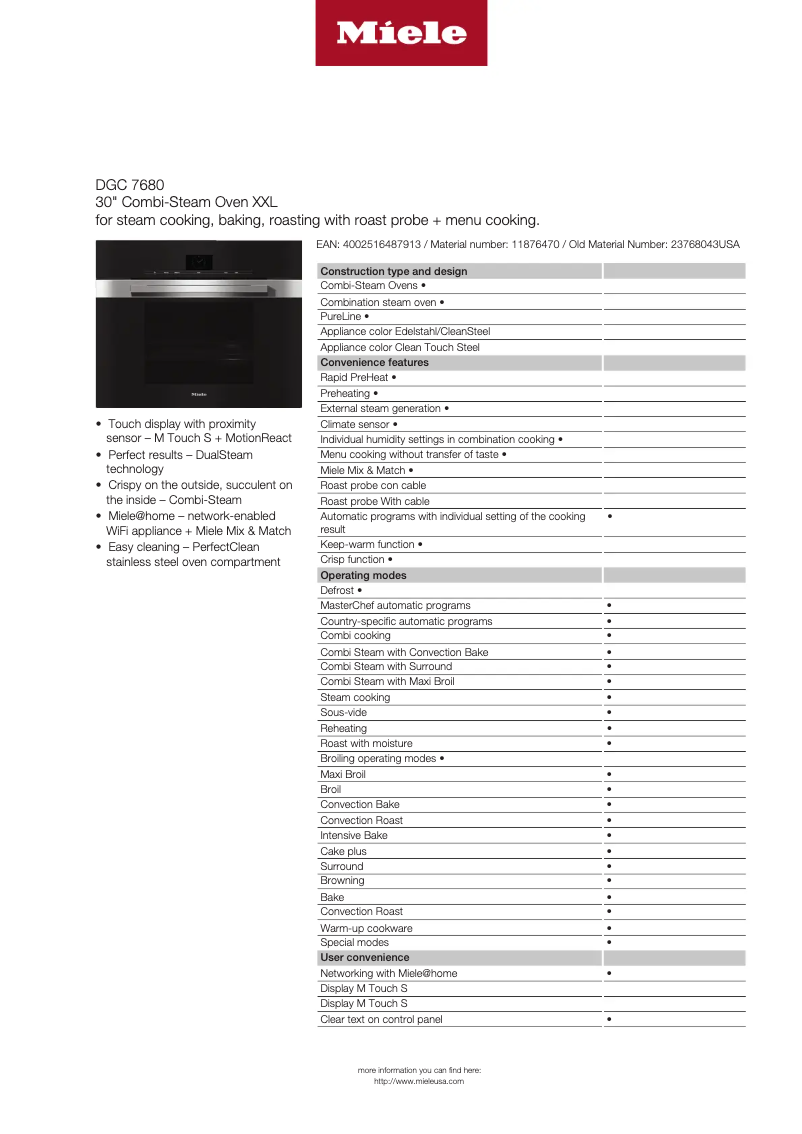 Page n°1 - Fiche technique Miele DGC 7680