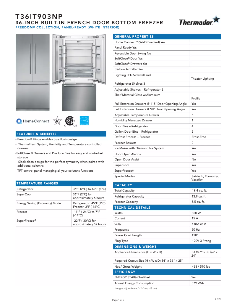Página 1 del manual Ficha técnica Thermador T36IT903NP