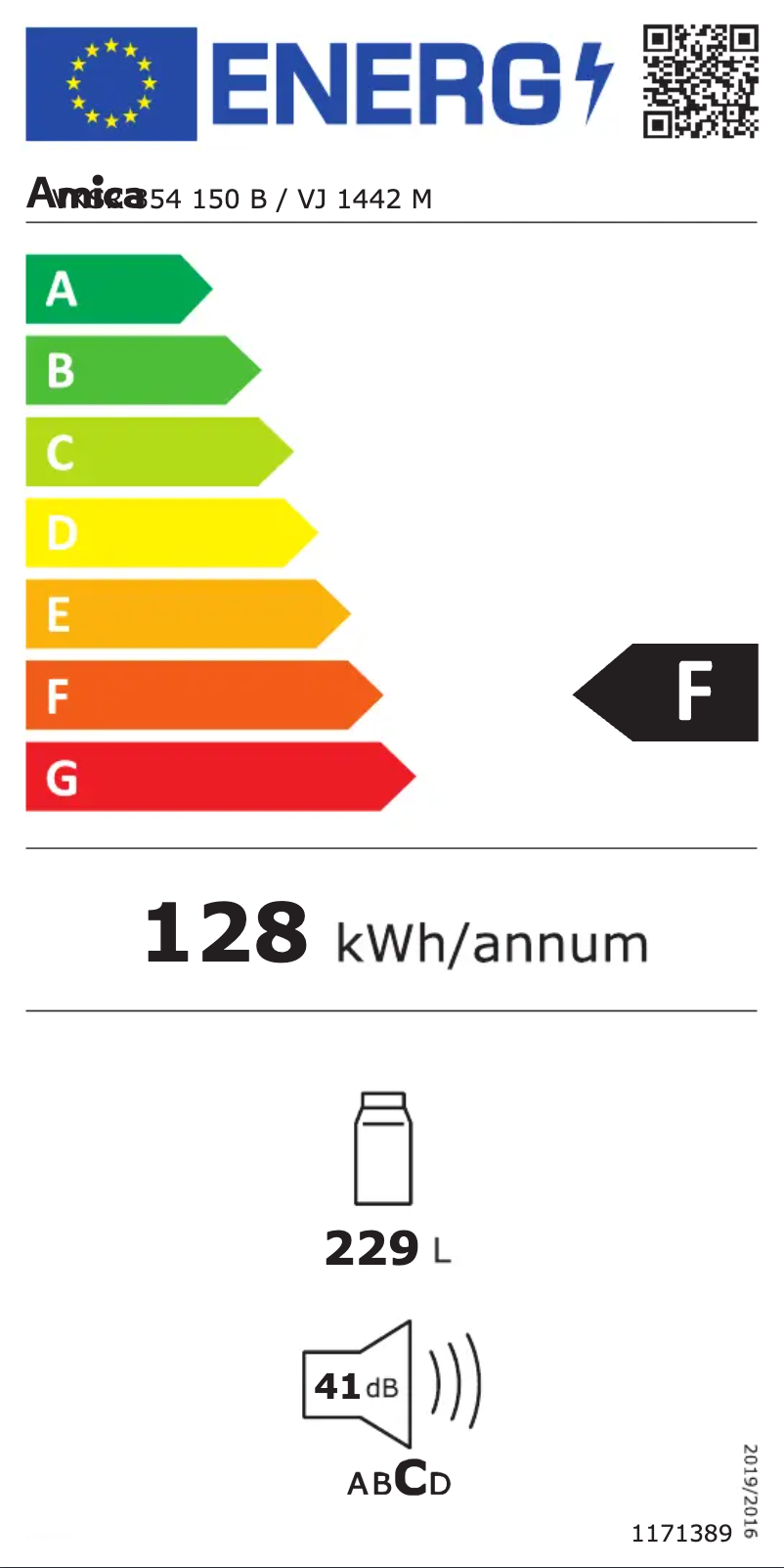 Page 1 de la notice Label énergétique Amica VKSR 354 150 B