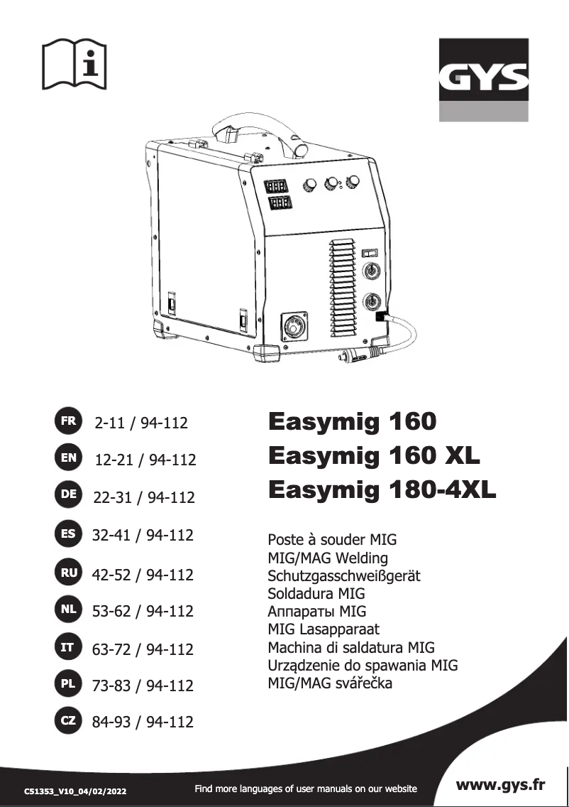 Page n°1 - Manuel utilisateur GYS Easymig 160 XL