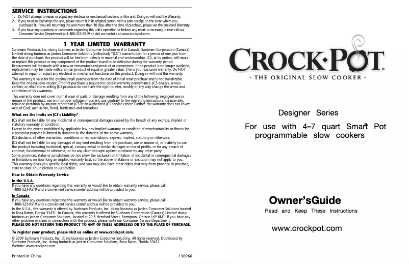 Page 1 de la notice Manuel utilisateur Crock-Pot Designer SCCPTP600-P