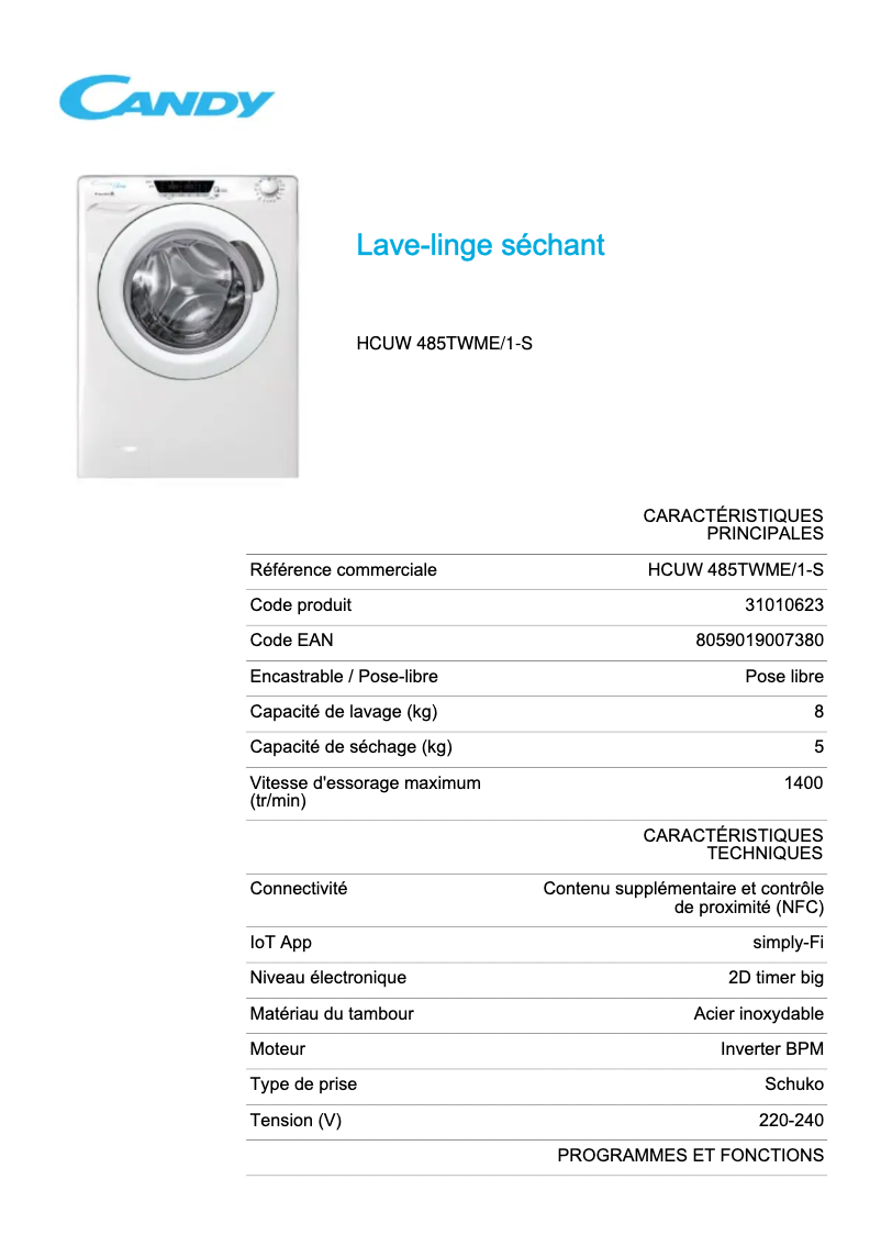 Page n°1 - Fiche technique Candy HCUW 485TWME/1-S