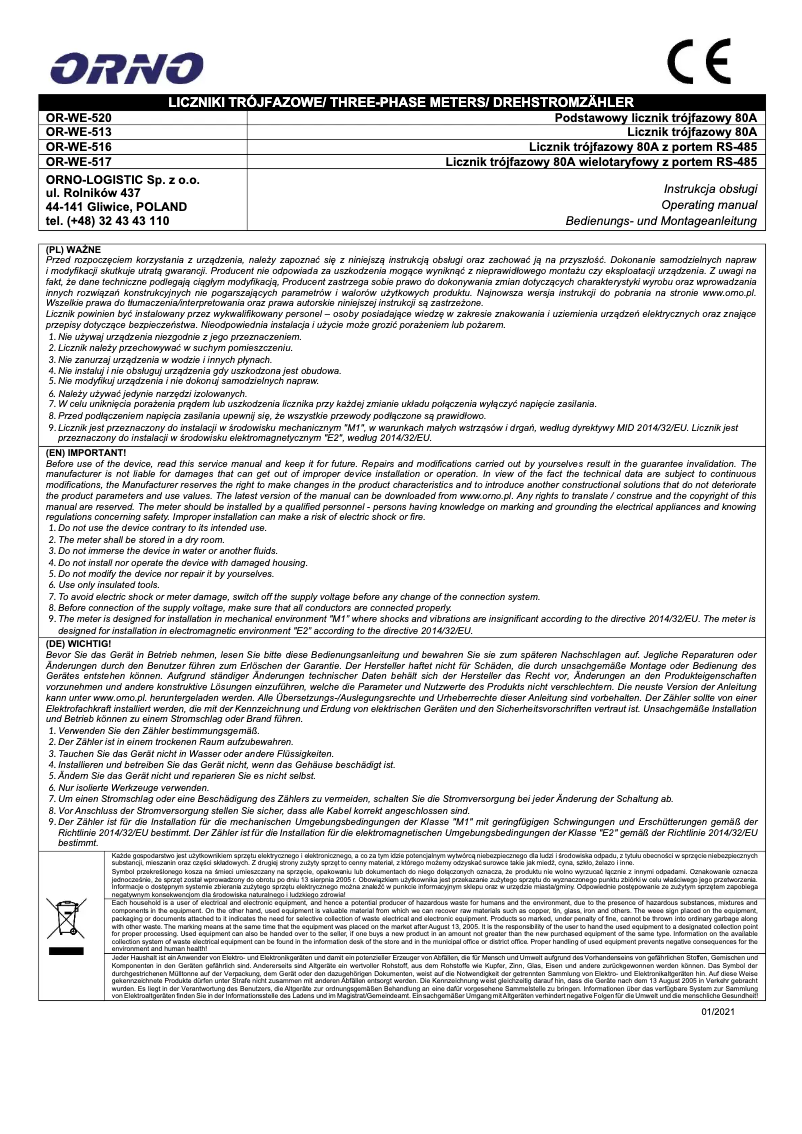 Page n°1 - Manuel utilisateur ORNO OR-WE-513