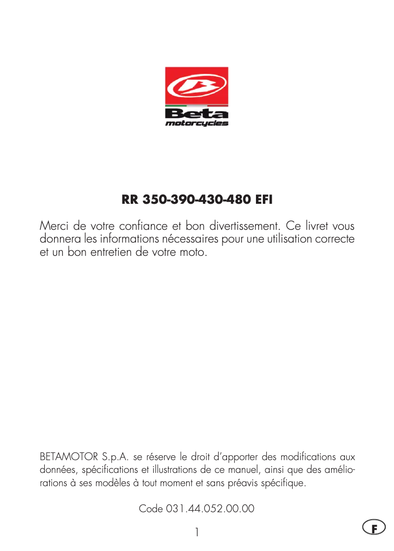 Page 1 de la notice Manuel utilisateur Beta RR 350 (2019)
