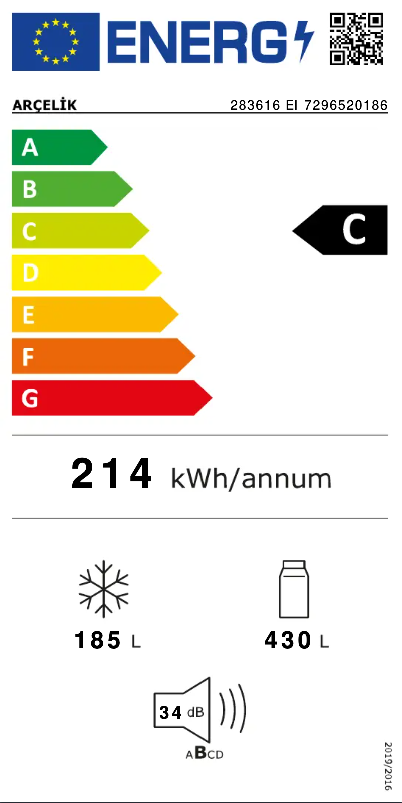 Page 1 de la notice Label énergétique Arçelik 283616 EI
