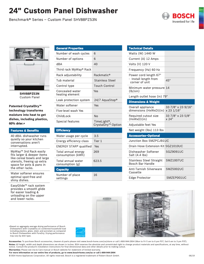 Page 1 de la notice Fiche technique Bosch SHV88PZ53N