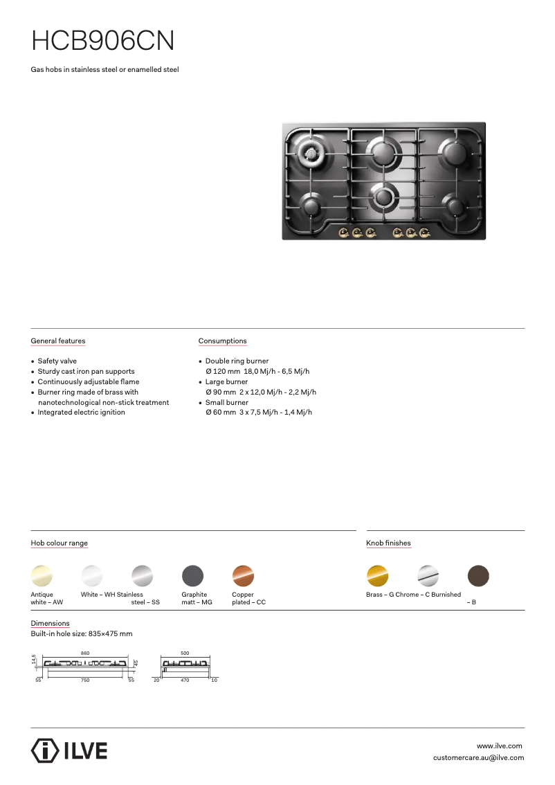 Page 1 de la notice Fiche technique Ilve HCB906CNAWG