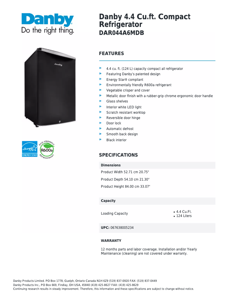 Page 1 de la notice Fiche technique Danby DAR044A6MDB