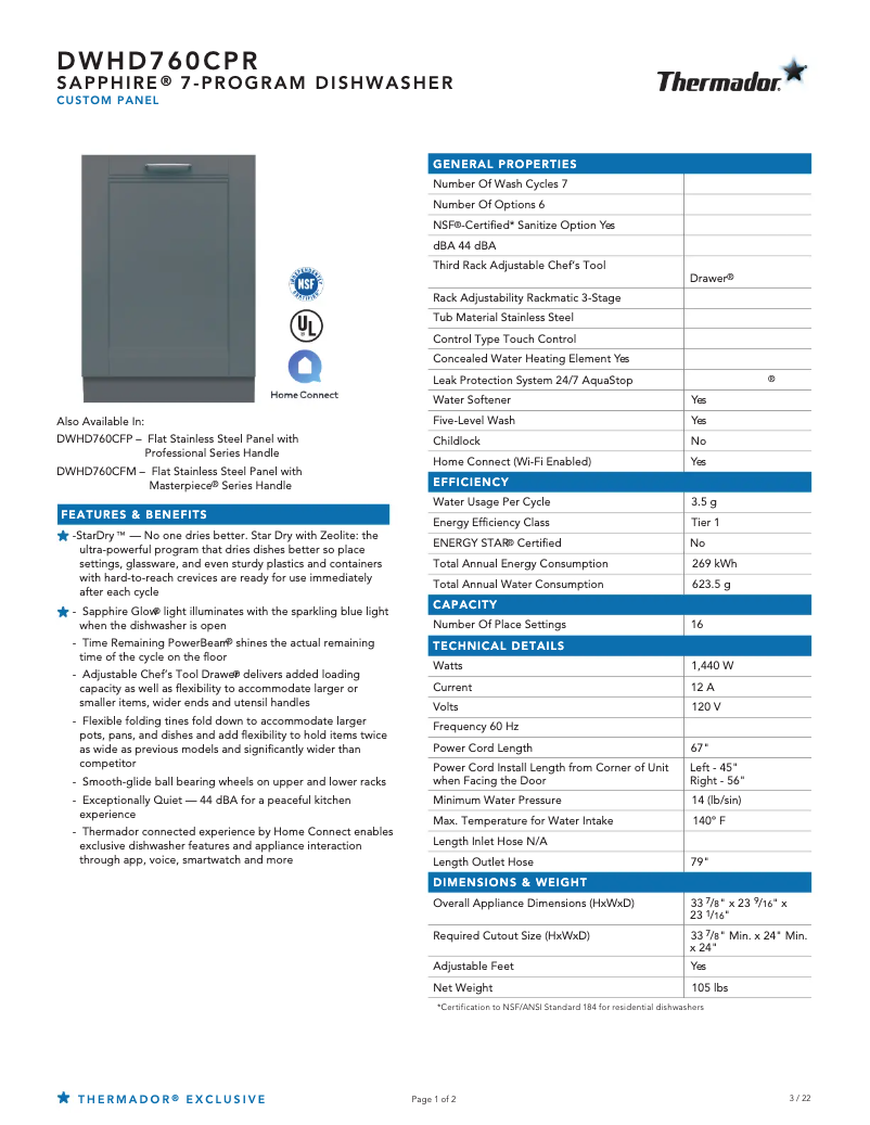 Page n°1 - Fiche technique Thermador DWHD760CPR