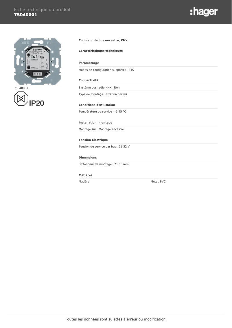 Page 1 de la notice Fiche technique Hager 75040001