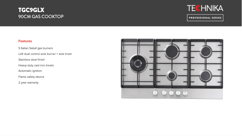 Page 1 de la notice Fiche technique Technika TGC9GLX