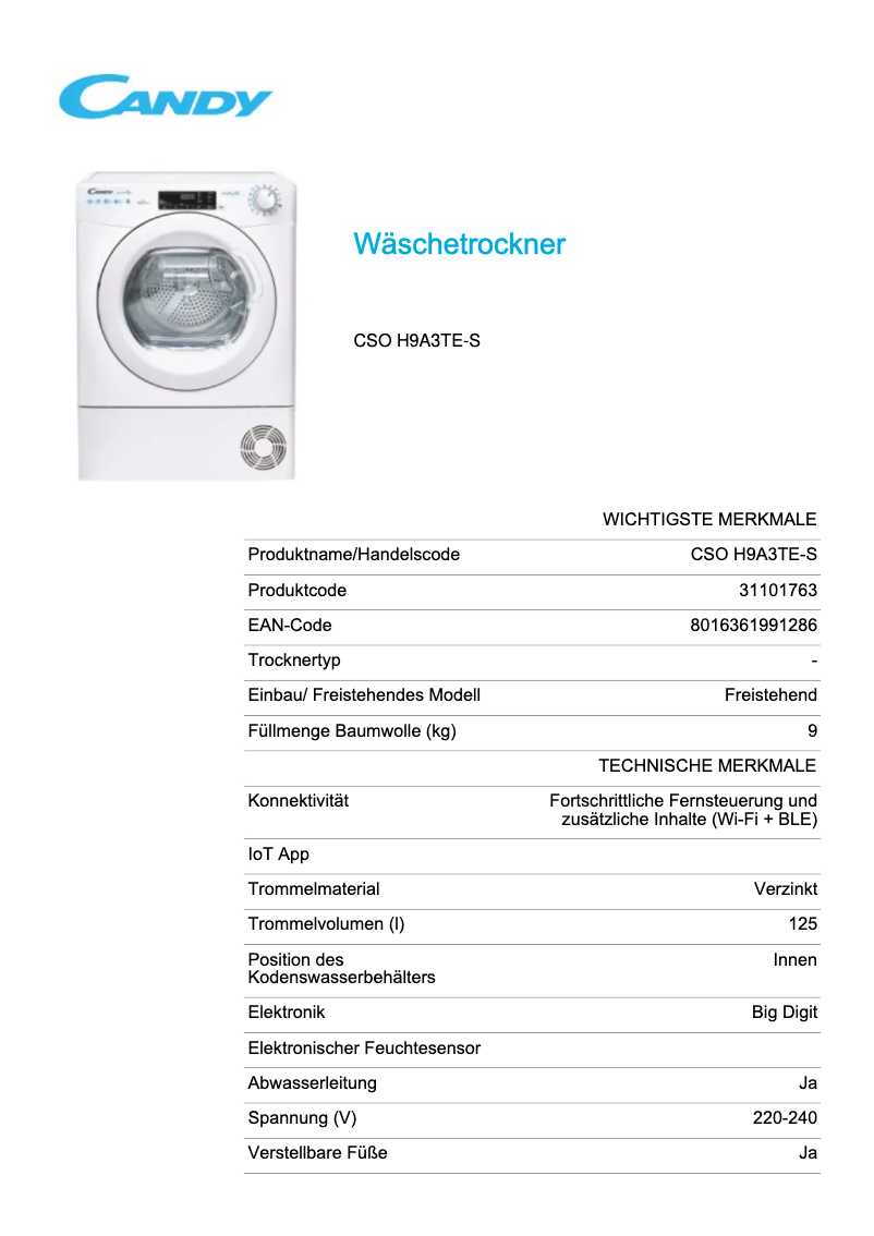 Page 1 de la notice Fiche technique Candy CSO H9A3TE-S