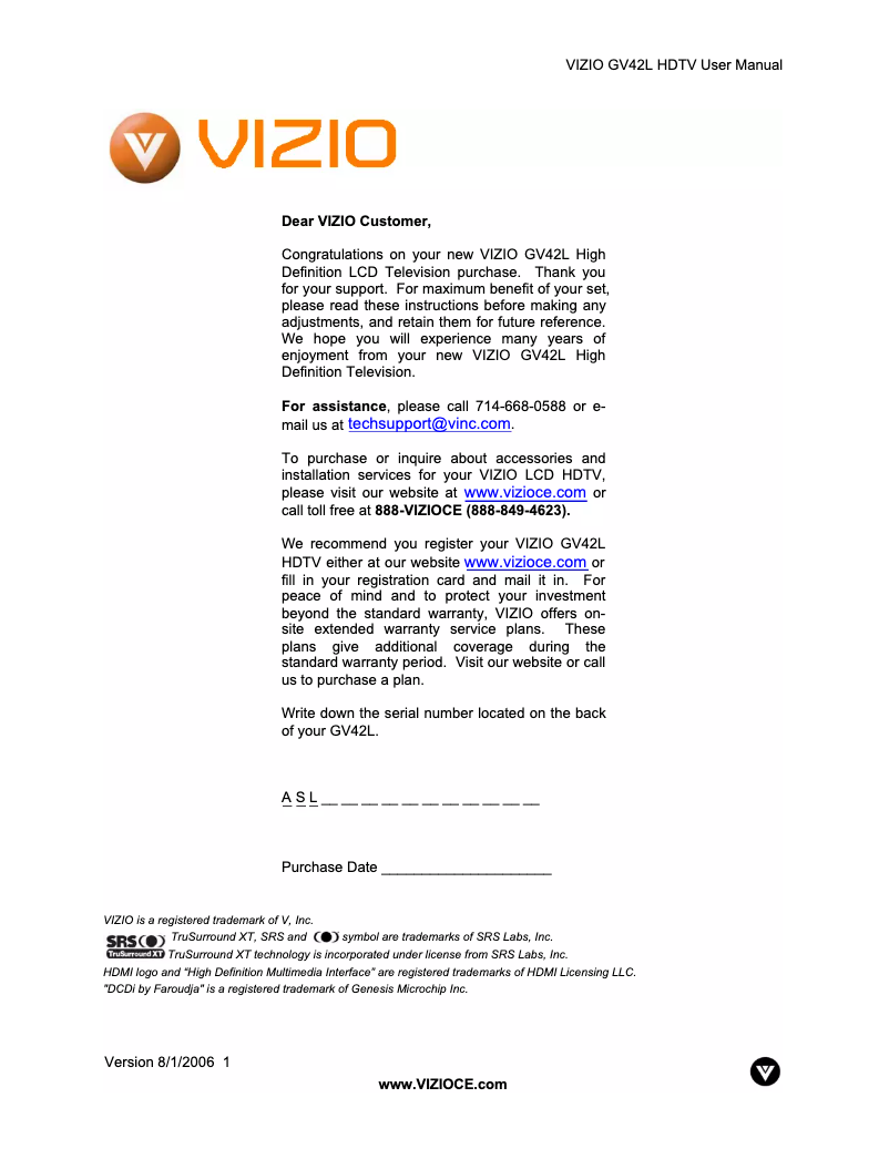 Page n°1 - Manuel utilisateur VIZIO GV42L