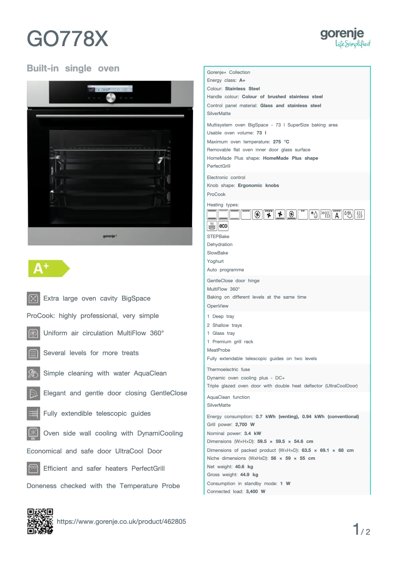 Page n°1 - Fiche technique Gorenje GO778X