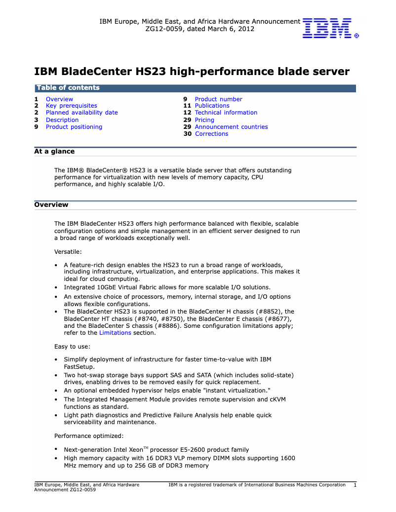 Page n°1 - Manuel utilisateur IBM System x HS23