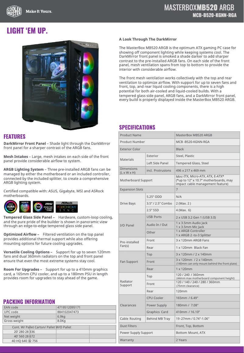 Page 1 de la notice Fiche technique Cooler Master MasterBox MB520 ARGB
