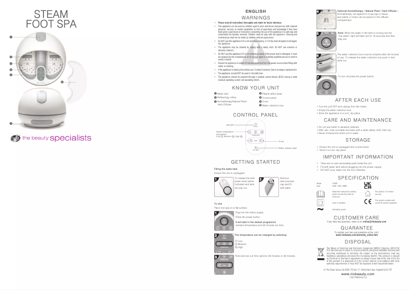 Page 1 de la notice Manuel utilisateur Rio Steam Foot Spa