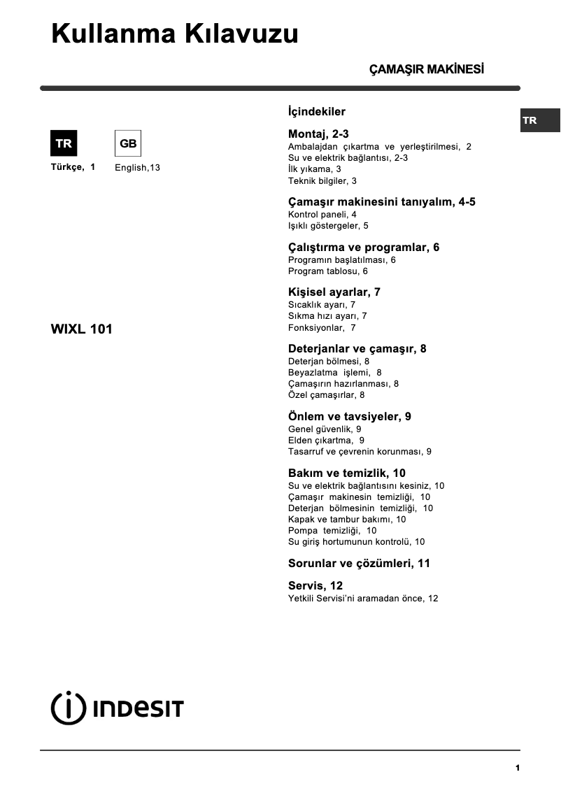 Page n°1 - Manuel utilisateur Indesit WIXL 101 (TK) (V)