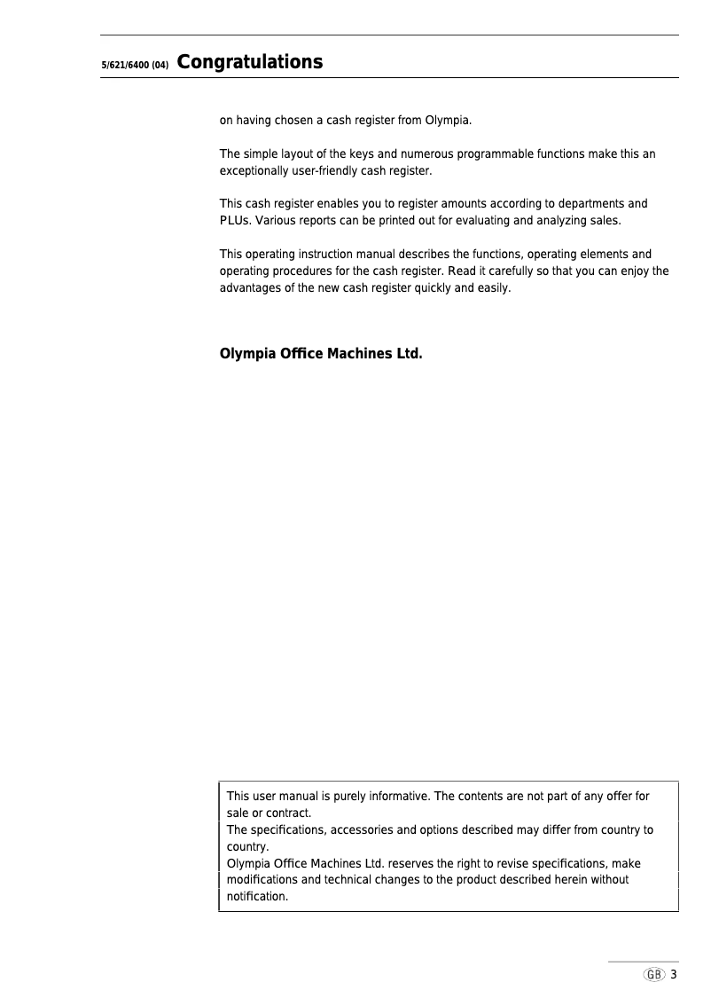 Page 1 de la notice Manuel utilisateur Olympia CM 726