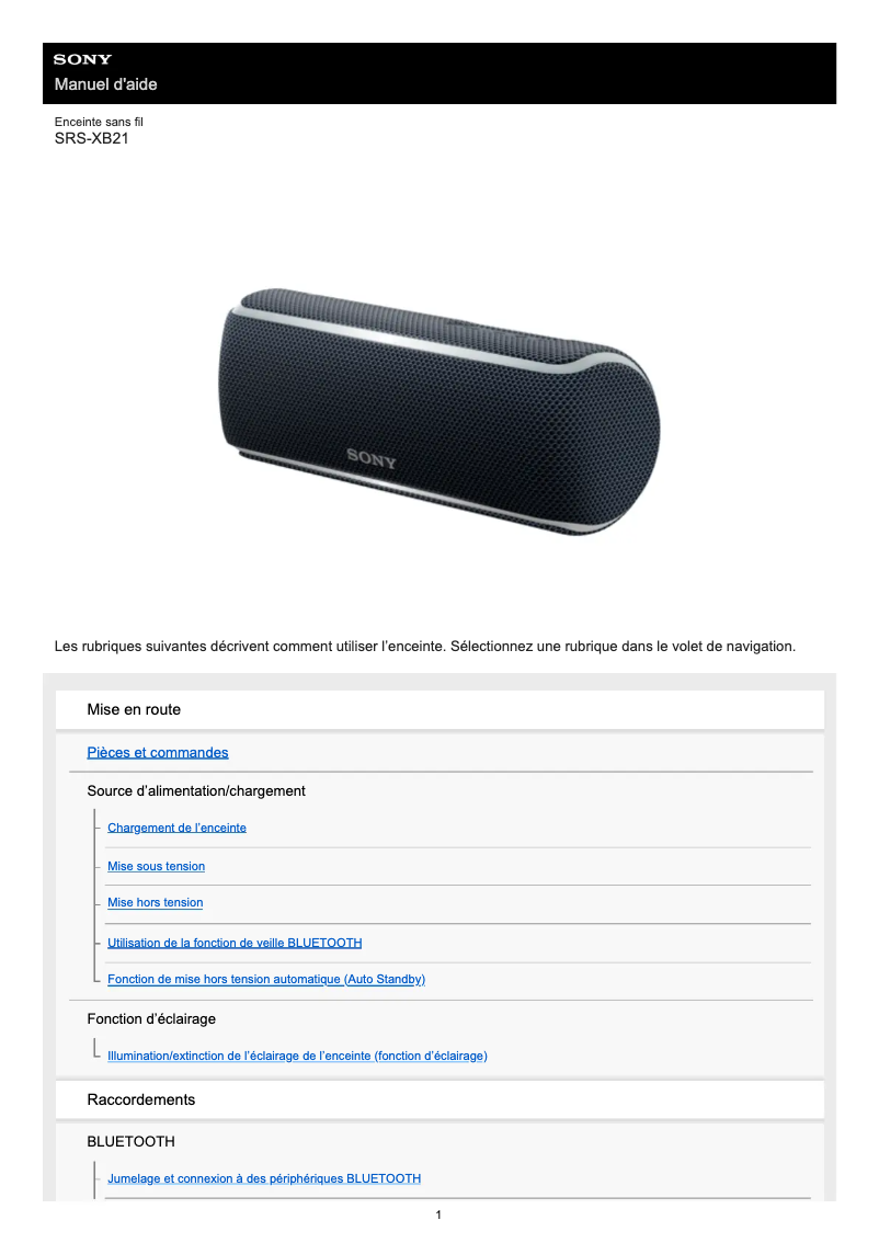 Page 1 de la notice Manuel utilisateur Sony SRS-XB21