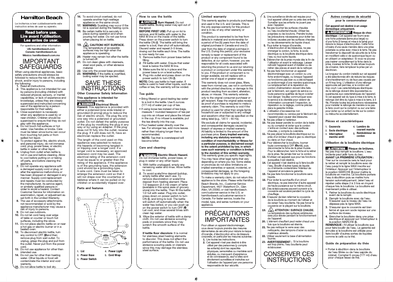 Page 1 de la notice Manuel utilisateur Hamilton Beach 40899