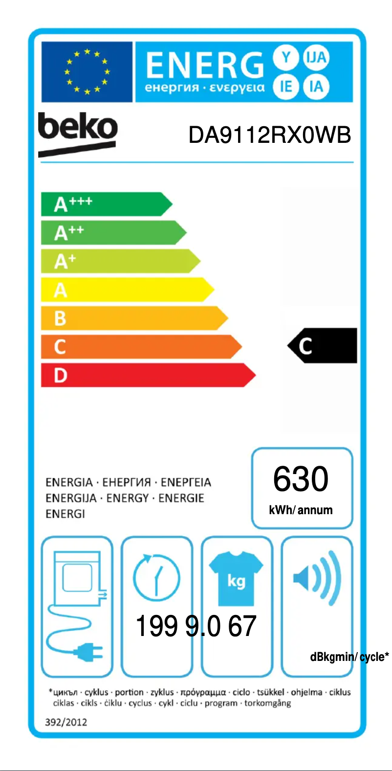 Page 1 de la notice Label énergétique Beko DA9112RX0WB