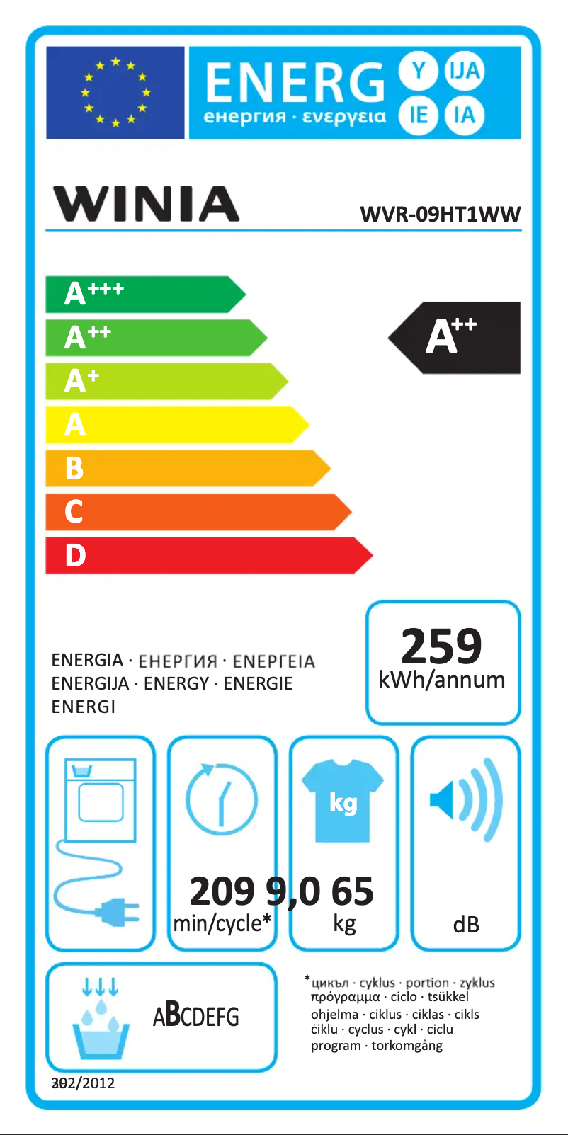 Page n°1 - Label énergétique Winia WVR-09HT1WW
