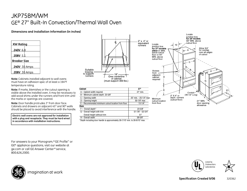 Page n°1 - Fiche technique GE JKP75WMWW