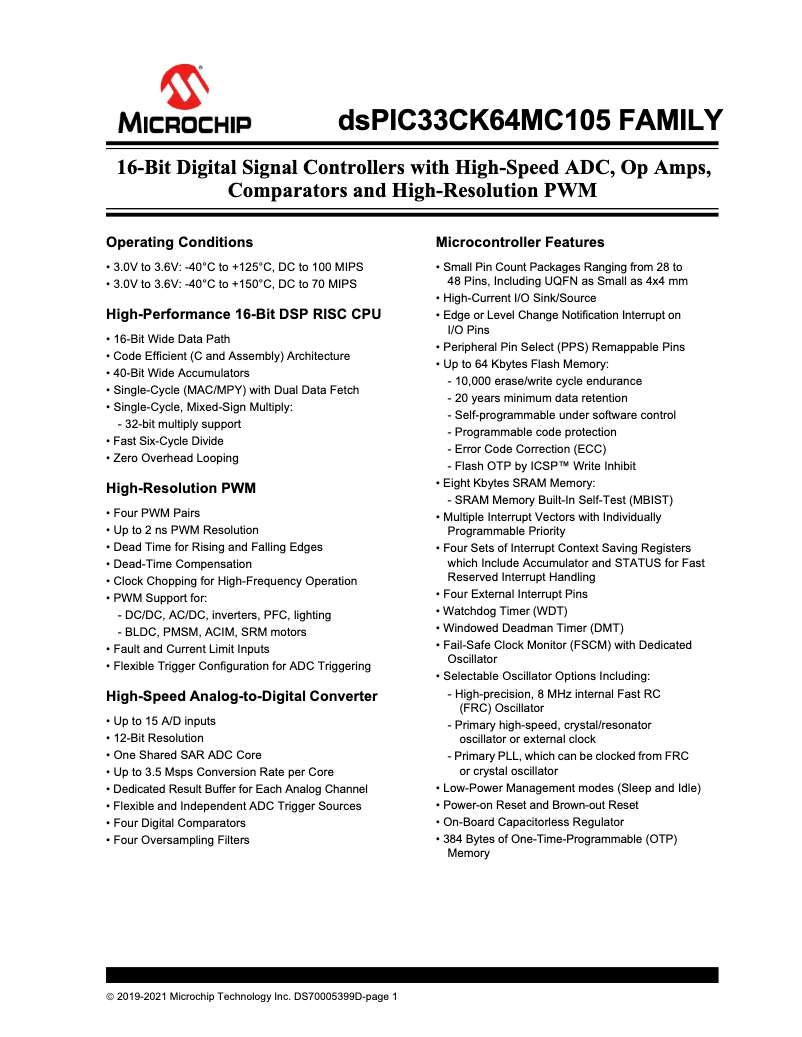 Imagen de la primera página del manual del dispositivo dsPIC33CK64MC105