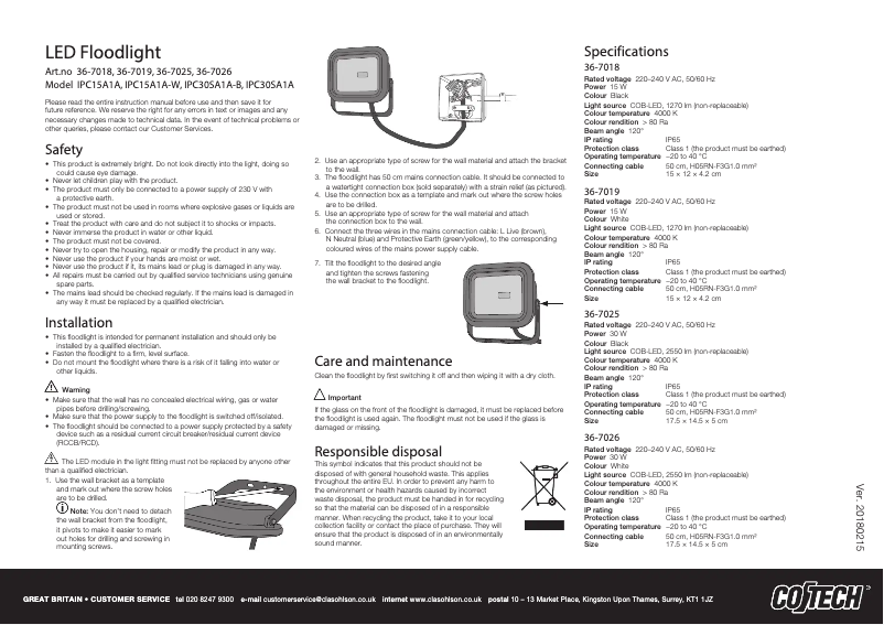 Page n°1 - Manuel utilisateur Cotech IPC15A1A