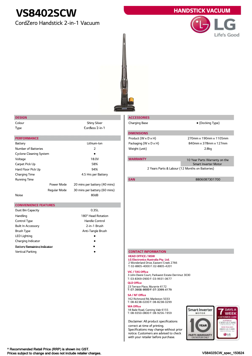 Page n°1 - Fiche technique LG VS8402SCW