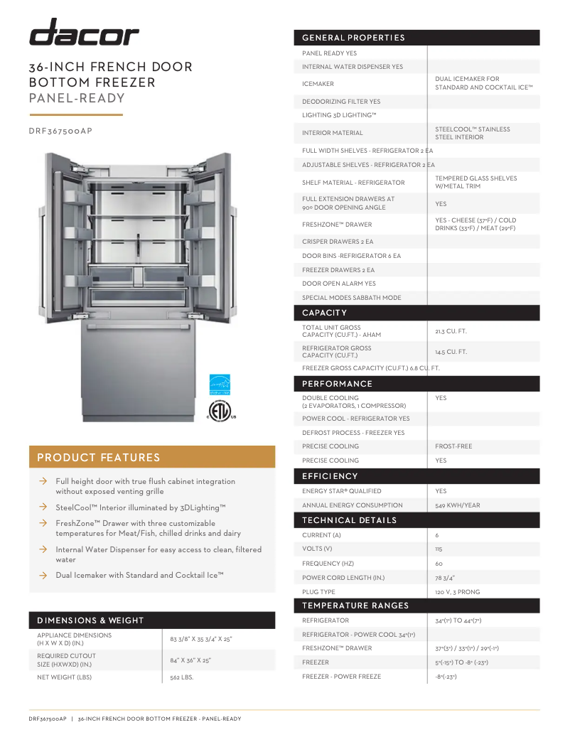 Page n°1 - Fiche technique Dacor DRF367500AP