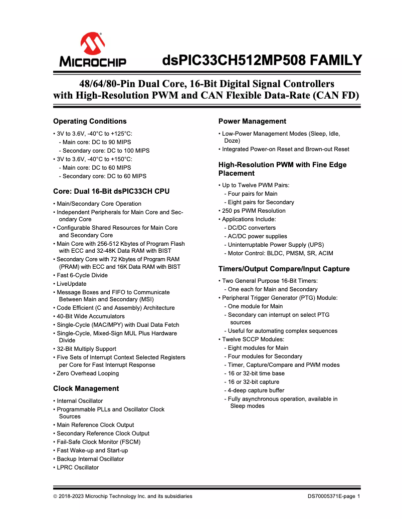 Page 1 de la notice Manuel utilisateur Microchip dsPIC33CH512MP208