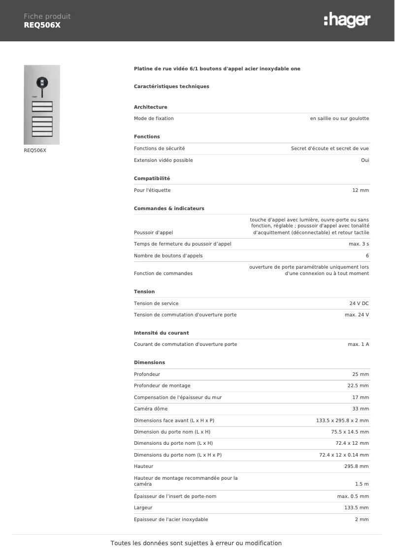 Page n°1 - Fiche technique Elcom REQ506X