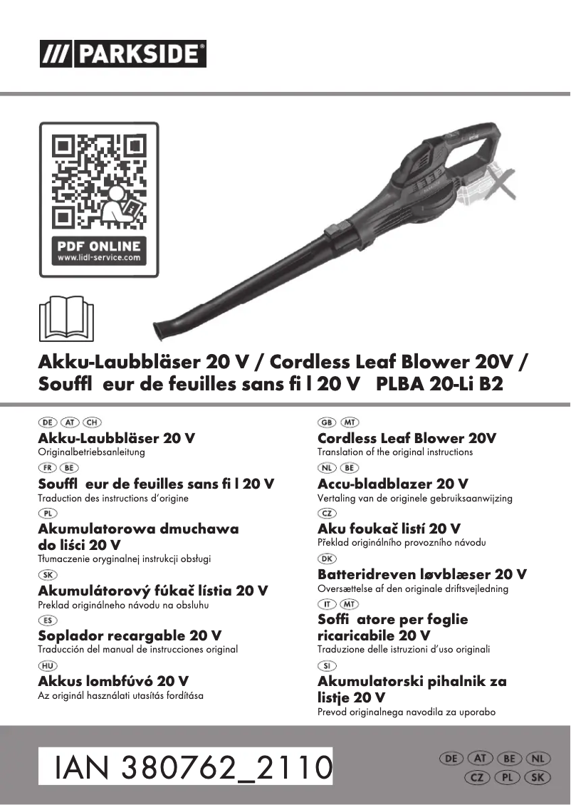 Page n°1 - Manuel utilisateur Parkside PLBA 20-Li B2