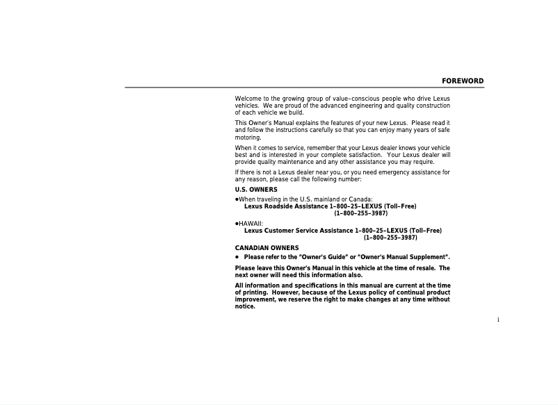 Page 1 de la notice Manuel utilisateur Lexus RX 300 (2000)