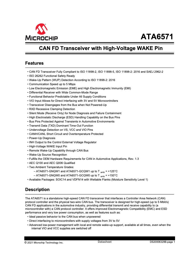 Page 1 de la notice Fiche technique Microchip ATA6571
