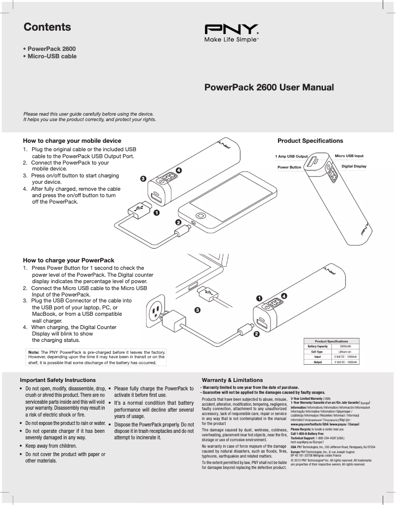Page n°1 - Manuel utilisateur PNY PowerPack BD2600
