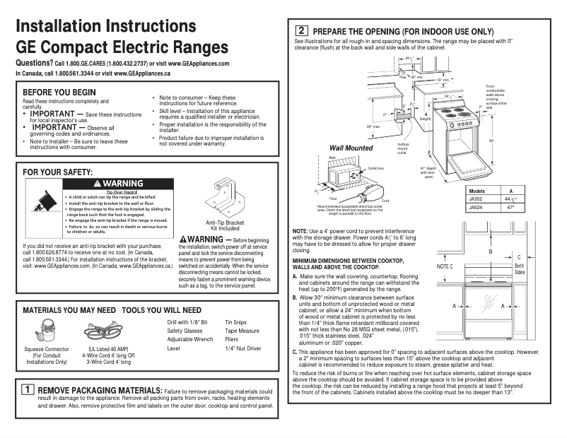 Page n°1 - Guide d'installation GE JAS02SNSS