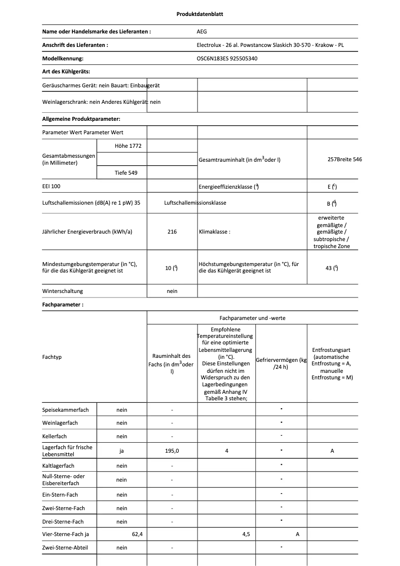 Page 1 de la notice Fiche technique AEG OSC6N183ES