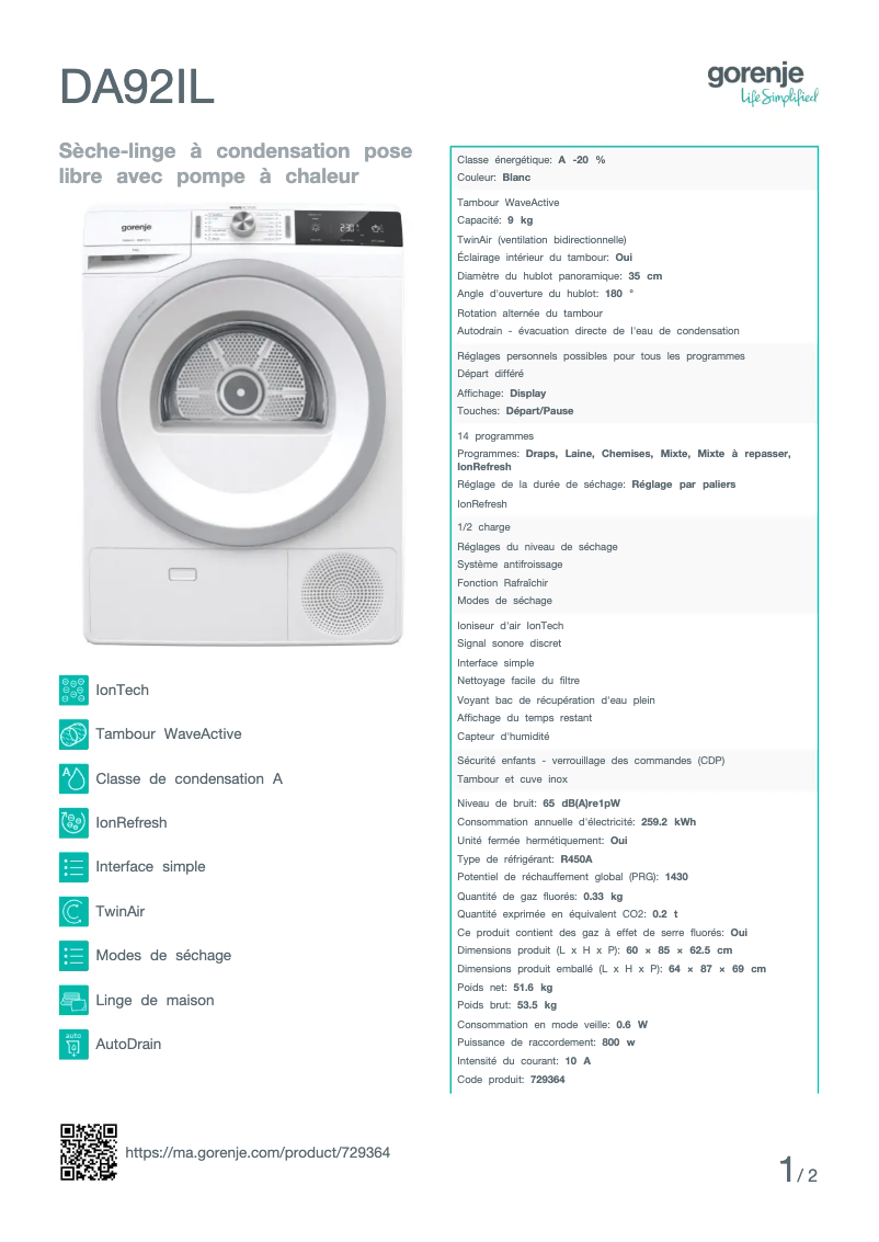 Page 1 de la notice Fiche technique Gorenje DA92IL