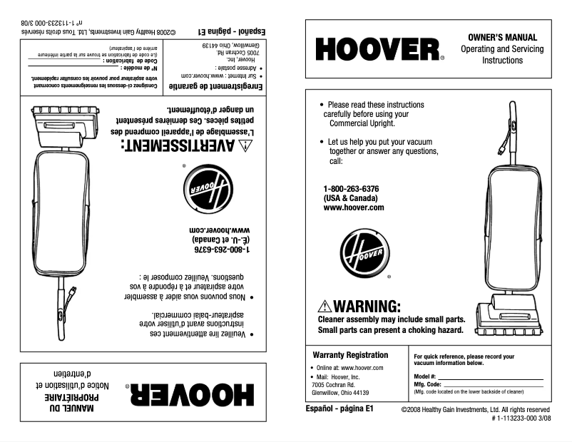 Page 1 de la notice Manuel utilisateur Hoover Commercial Signature Lightweight C1320