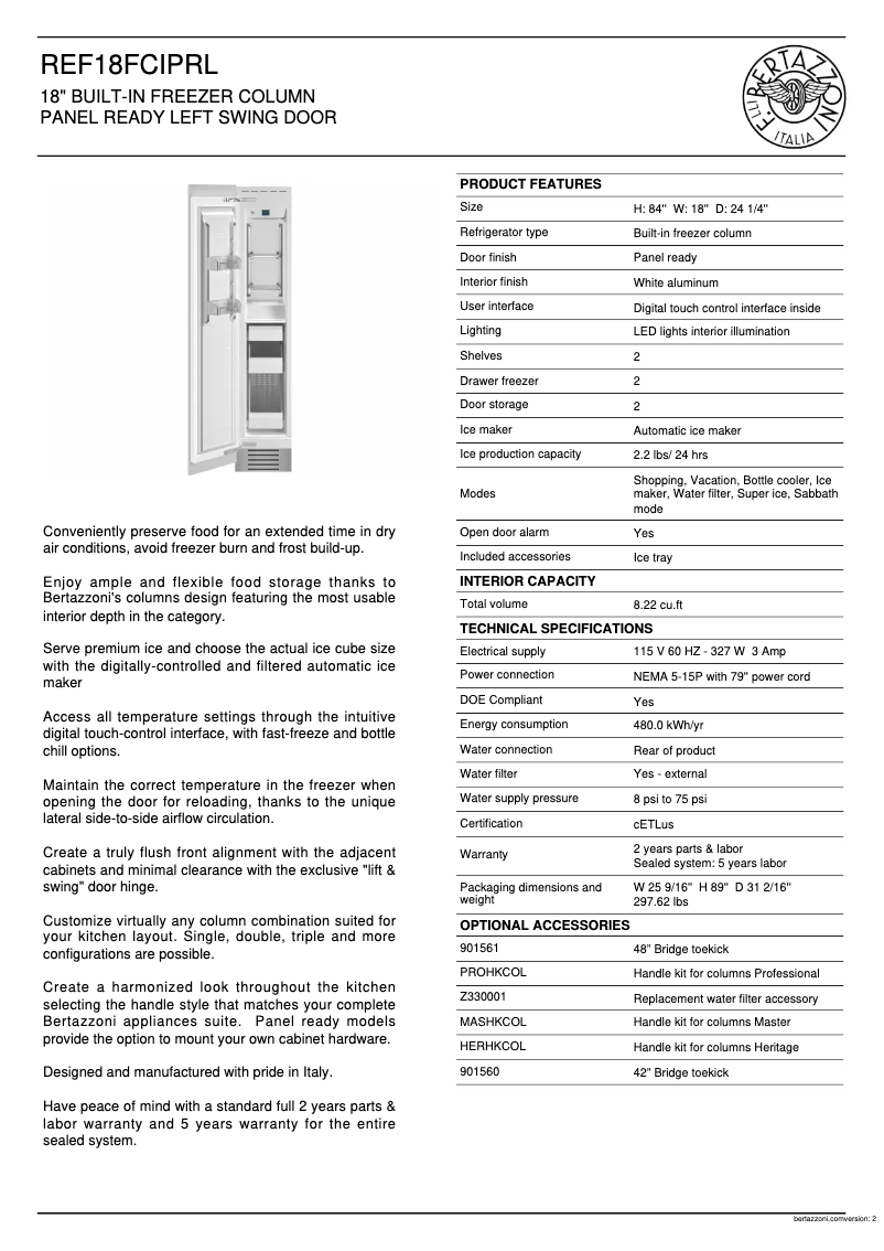 Page 1 de la notice Fiche technique Bertazzoni REF18FCIPRL