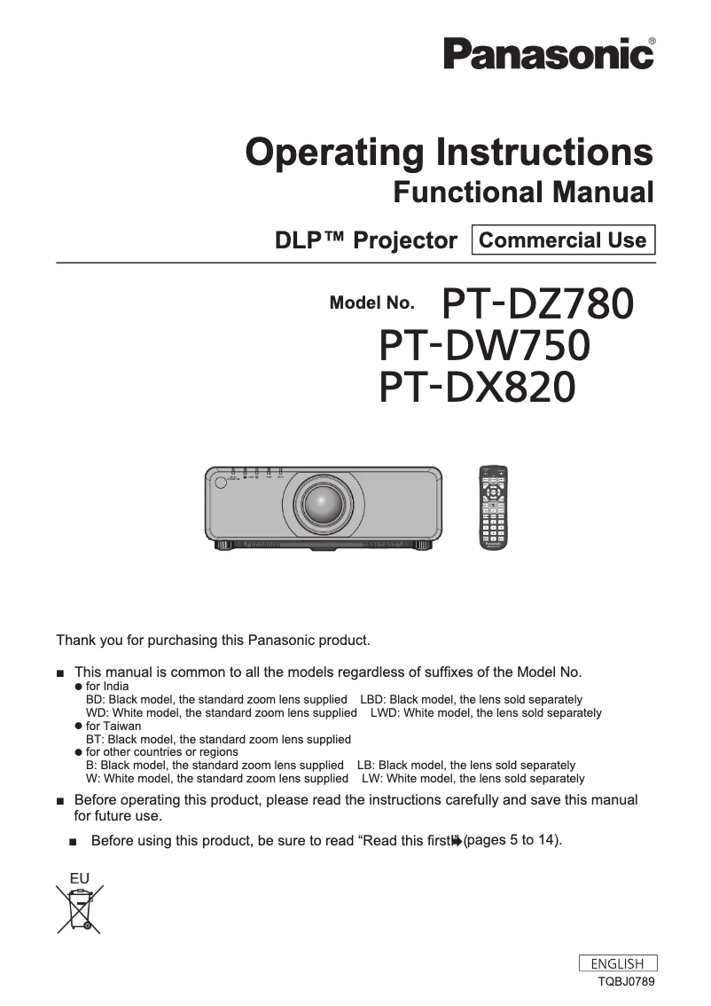 Page n°1 - Manuel utilisateur Panasonic PT-DX820