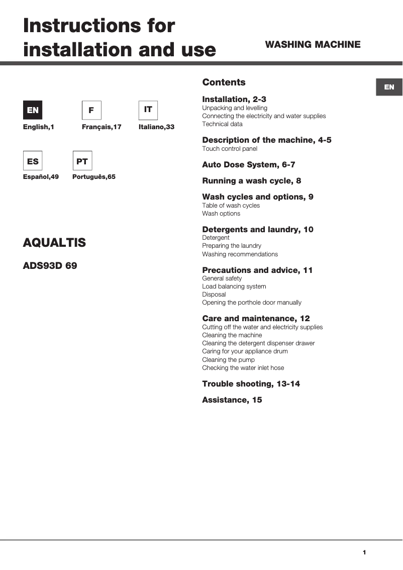 Page n°1 - Manuel utilisateur Hotpoint Ariston Aqualtis ADS93D 69 EU/A