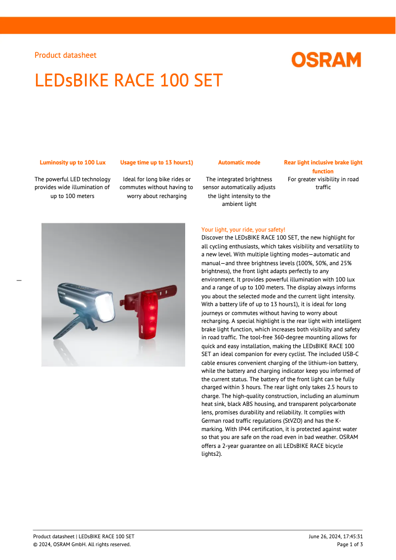 Page 1 de la notice Fiche technique Osram LEDsBIKE RACE 100 SET